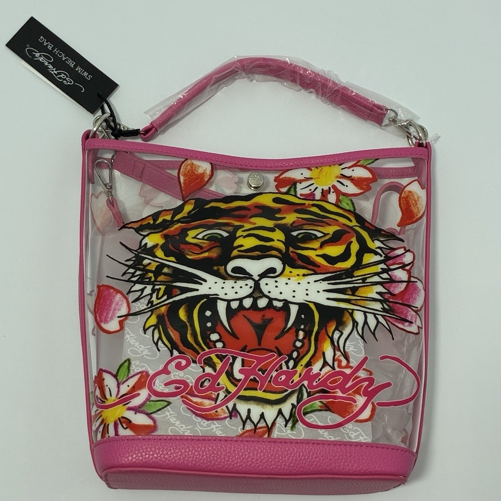 Ed Hardy Clear Pink Beach Bag Tiger Graphic Detachable Strap Silver Hardware